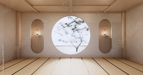 Canvas Print Circle shelf wall design on empty  Living room japanese deisgn with tatami mat floor