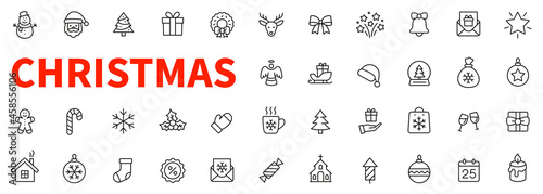 Christmas line icon collection. Holiday symbol. Outline Xmas icons set. Santa claus, gift, angel, box, bow, bell, christmas tree, fireworks, snow, snowman, bag and more - stock vector.