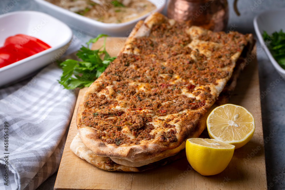 Turkish and Arabic Traditional Ramadan Bread Sliced Etli Ekmek or Pide Turkish and Arabic Traditional Ramadan Bread Sliced Etli Ekmek or Pide