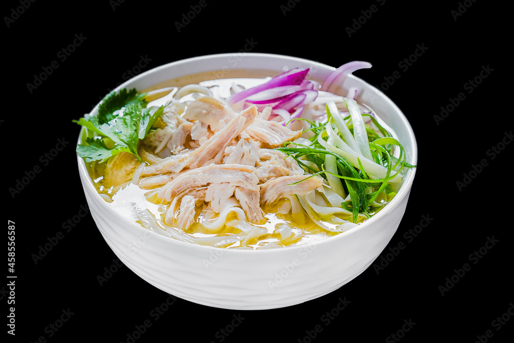 vietnamese cuisine, pho ga soup, on a black isolated background, top - obrazy, fototapety, plakaty 
