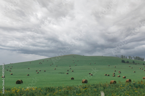 Green field with haystacks against the background of a rain cloud