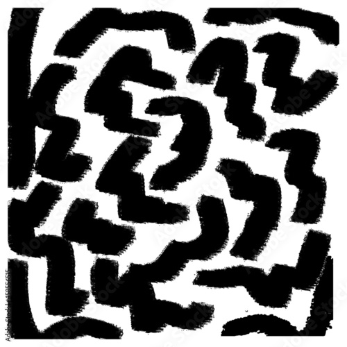 Black paint brush strokes vector seamless pattern. Hand drawn curved and wavy lines with grunge circles. brush scribbles decorative texture. Messy doodles, bold curvy lines illustration.