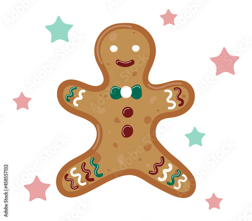 Cute ginger man isolated. Christmas traditional gingerbread decorated. Funny sweet cookie character. Vector hand drawn illustration.