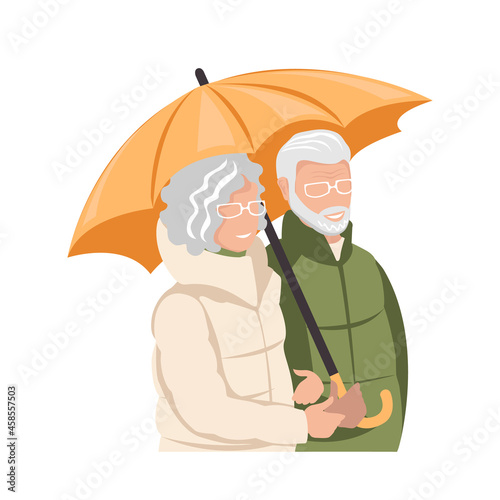 Elderly couple. Elderly man and woman are walking with an umbrella. Active lifestyle. Vector illustration in a flat style on a white background.
