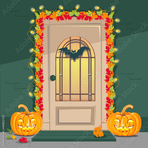 The front door is decorated for Halloween with cheerful pumpkins, a bat, cobwebs and antique lanterns. Happy Halloween. Bright vector illustration for postcard, congratulations, flyer or poster