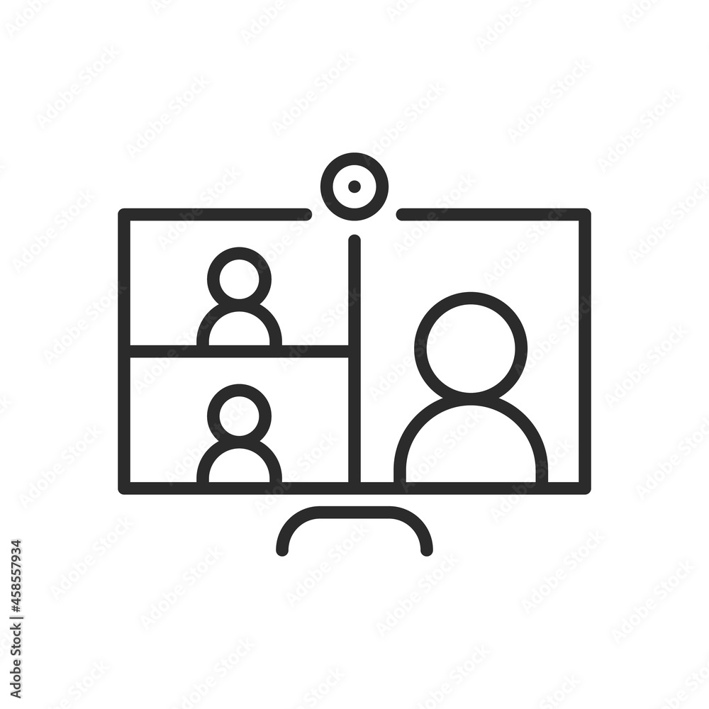 Laptop with people on screen communicating on video chat. Video conference and online meeting concept. Distance work and learning. Vector illustration. Laptop, computer, chatting, conferencing Laptop with people on screen communicating on video chat. Video conference and online meeting concept. Distance work and learning. Vector illustration. Laptop, computer, chatting, conferencing
