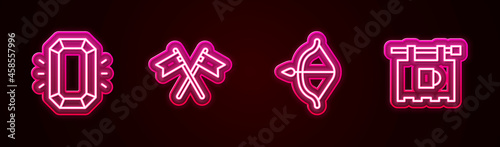 Set line Diamond, Crossed medieval flag, Medieval bow and arrow and Street signboard with Bar. Glowing neon icon. Vector