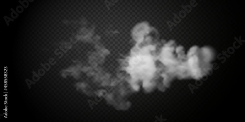 White smoke puff isolated on transparent black background. PNG. Steam explosion special effect. Effective texture of steam, fog, smoke png. Vector.