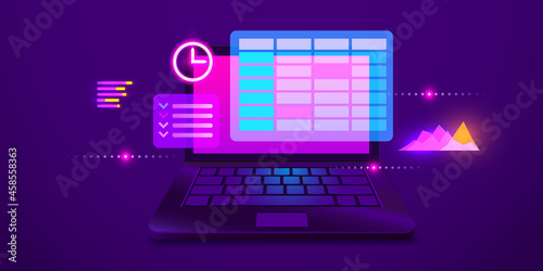 Calendar and clock on laptop screen. Schedule concepts. Modern futuristic design graphic elements.