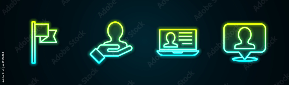 Set line Location marker, Hand for search people, Laptop with resume and person. Glowing neon icon. Vector Set line Location marker, Hand for search people, Laptop with resume and person. Glowing neon icon. Vector