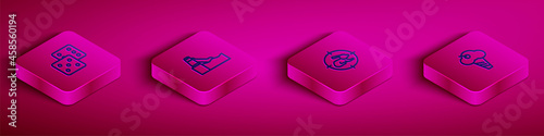 Set Isometric line Game dice, Water slide, Hunt on rabbit with crosshairs and Ice cream in waffle cone icon. Vector