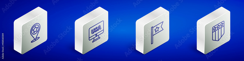 Set Isometric line USA Independence day, on monitor, American flag and Shield with stars icon. Vector Set Isometric line USA Independence day, on monitor, American flag and Shield with stars icon. Vector
