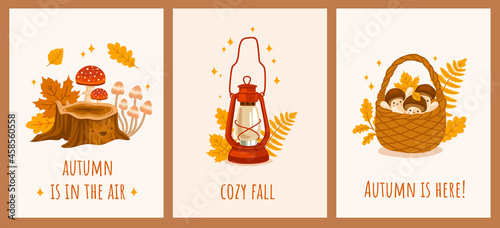 Autumn mood hand-drawn postcards. Forest tree stump surrounded by foliage and mushrooms, red lantern, wicker basket. Set of fall season flat vector illustrations, cards, prints.