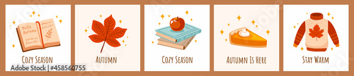 Open book, red autumn leaf, books, pumpkin pie and knitted sweater. Set of fall season cozy elements, cute seasonal prints, greeting cards, postcards. Hand drawn vector illustrations.