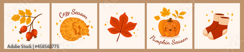 Autumn mood. Set of cute colored trendy vector illustrations. Hand drawn kawaii cozy fall elements. Sleeping red cat, maple leaf, warm socks, funny pumpkin and berry. Greeting card, poster, postcard.