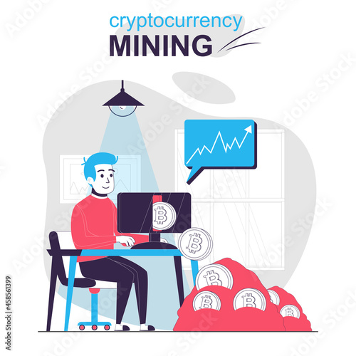 Cryptocurrency mining isolated cartoon concept. Man buys or sells bitcoins, increases income, people scene in flat design. Vector illustration for blogging, website, mobile app, promotional materials.
