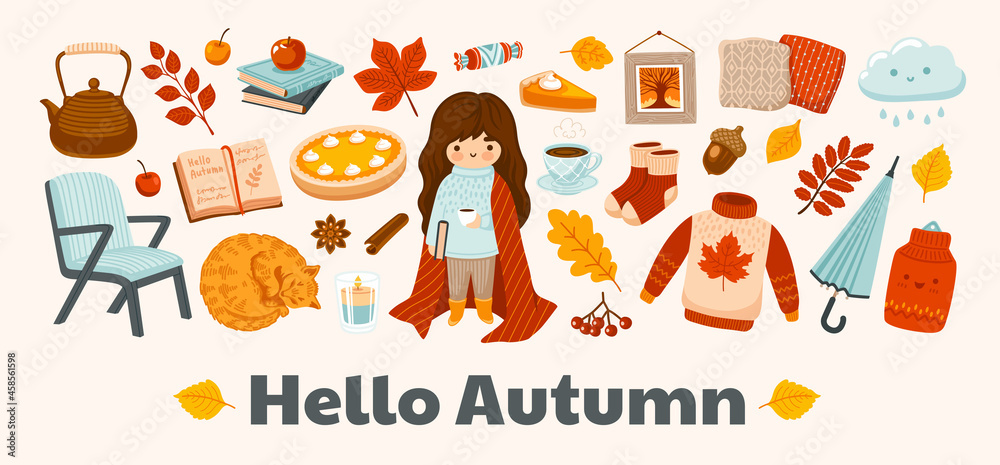 Hello autumn horizontal banner. Cozy fall postcard layout. Vector template with cute kawaii illustration. Pumpkin pie, arm chair, rainy cloud, sweater, umbrella, foliage, books. Stay at home concept.