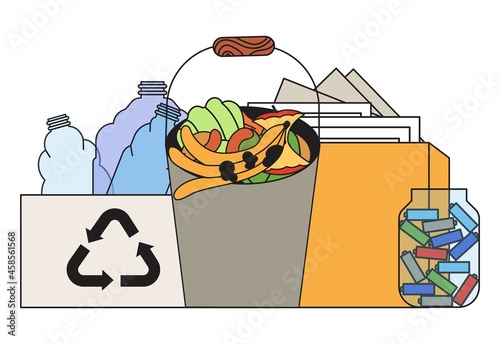 Sorting the garbage at home to put them to recycle trash bins and compost pile concept. Smart organized home disposal system. The practice of separating food waste, plastic, paper or used AA battery.