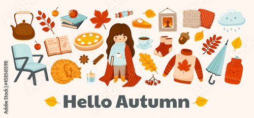 Hello autumn horizontal banner. Cozy fall postcard layout. Vector template with cute kawaii illustration. Pumpkin pie, arm chair, rainy cloud, sweater, umbrella, foliage, books. Stay at home concept.