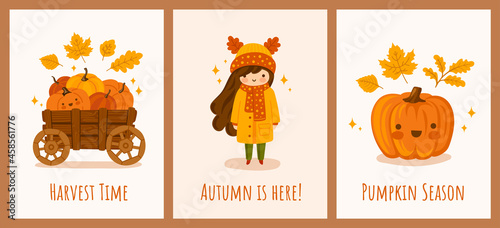 Harvest season kawaii postcard templates. Pumpkin cart, cute happy pumpkin and girl wearing hat with animal ears. Posters, invitations, greeting cards. Vector hand-drawn illustrations.