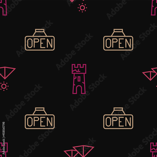 Set line Egypt pyramids, Hanging sign with Open and Castle tower on seamless pattern. Vector