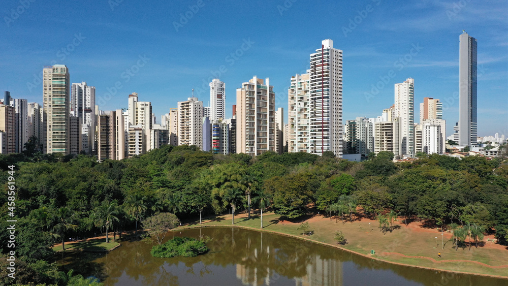 Panoramic view of modern buidings surrounding a beautiful park with a lake in the heart of Goiania, Goias, Brazil 