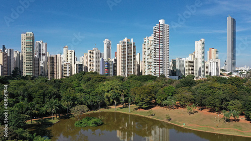 Panoramic view of modern buidings surrounding a beautiful park with a lake in the heart of Goiania  Goias  Brazil 