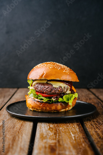 fresh tasty meat free burger on wooden table