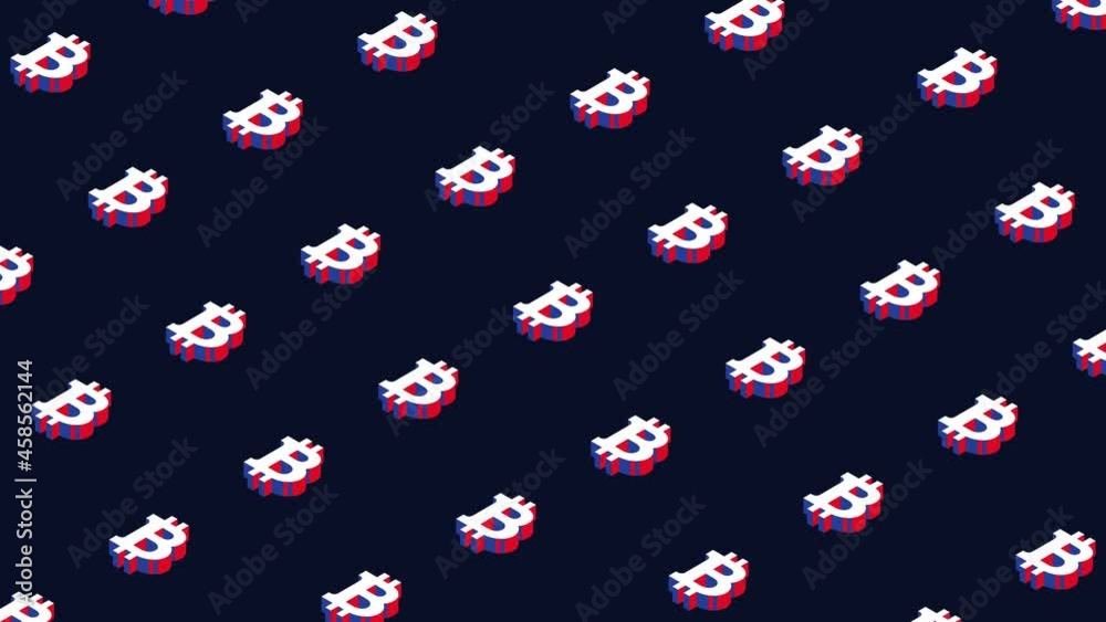 Animated pattern with isometric symbols of cryptocurrency Bitcoin. Simple seamless loop modern motion graphics background