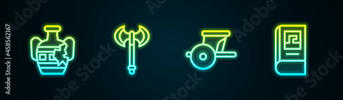 Set line Broken amphorae, Medieval axe, Ancient chariot and Greek history book. Glowing neon icon. Vector
