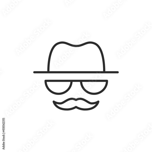 Anonymous line thin icon. Lined hat, glasses and mustache isolated on white background. Icon for social media, web desing. Vector illustration