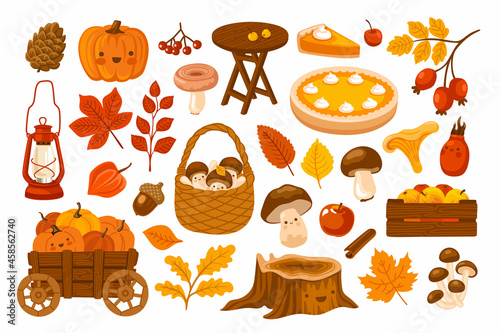 Autumn harvest illustrations. Pumpkin cart, apples crate, basket with mushrooms, berries and fallen leaves. Set of fall stickers for scrapbooking. Vector hand-drawn elements.