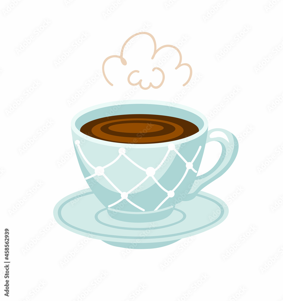 Blue saucer with a mug of coffee. Porcelain cute coffee service. Dotted cup with hot drink. Hand drawn vector cartoon illustration. Blue saucer with a mug of coffee. Porcelain cute coffee service. Dotted cup with hot drink. Hand drawn vector cartoon illustration.