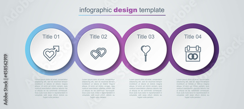 Set line Heart with male gender, Two Linked Hearts, Balloons form of heart and Calendar. Business infographic template. Vector