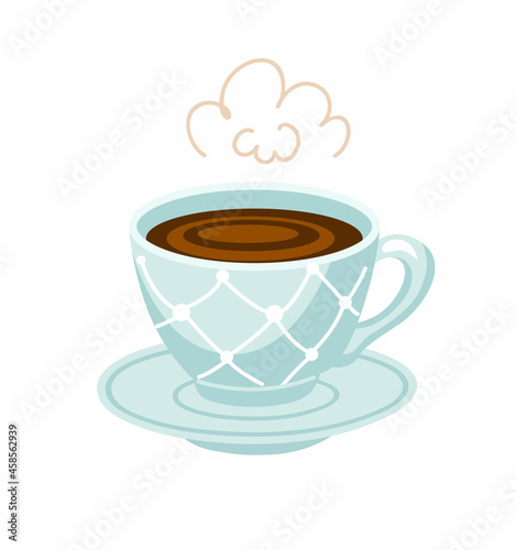 Blue saucer with a mug of coffee. Porcelain cute coffee service. Dotted cup with hot drink. Hand drawn vector cartoon illustration.