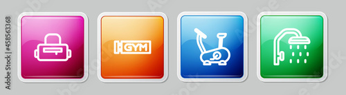 Set line Sport bag, Location gym, Stationary bicycle and Shower head. Colorful square button. Vector