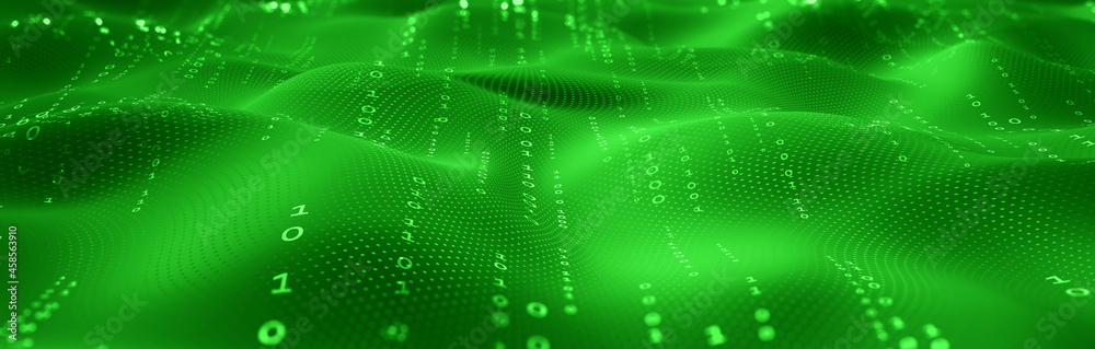 Digital waves. Data analysis. Binary code. Wavy Plane, Nodes and Points in Curved Space. Technological nanostructure. 3D illustration for business projects