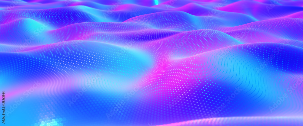 Obraz premium Wave 3D illustration, color flow, field overflows, points in space. Curved surface, neon, violet full color screen