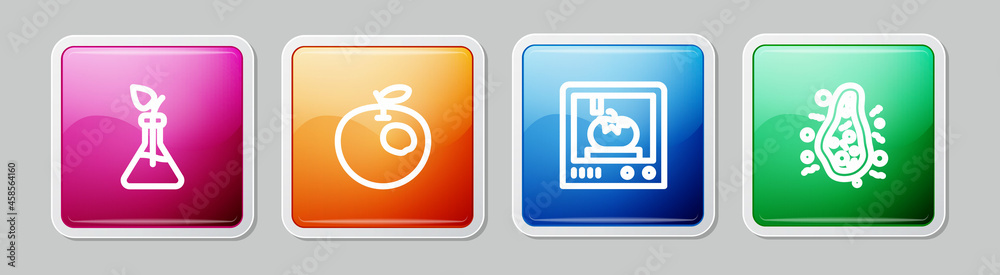 Set line Plant breeding, Genetically modified apple, 3D printing technology and Bacteria. Colorful square button. Vector Set line Plant breeding, Genetically modified apple, 3D printing technology and Bacteria. Colorful square button. Vector