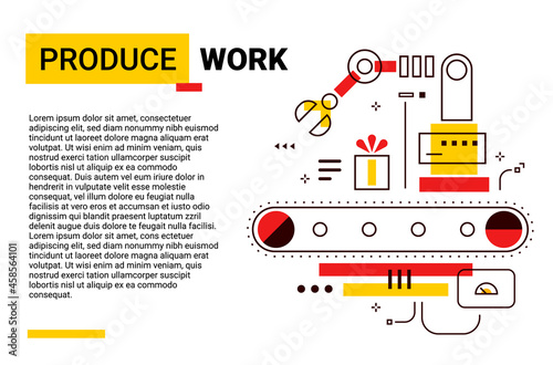 Vector Template with Color Illustration of Complex Mechanism of Production Gift Box with Conveyor Belt and Robot Arm. Line Art Style Design of Present Machin