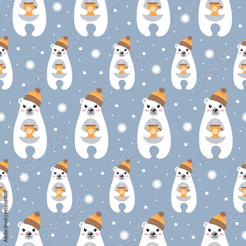 Colorful seamless pattern with cute white polar bear in a warm hat with a cup of hot tea on blue background. Modern cartoon vector illustration.	
