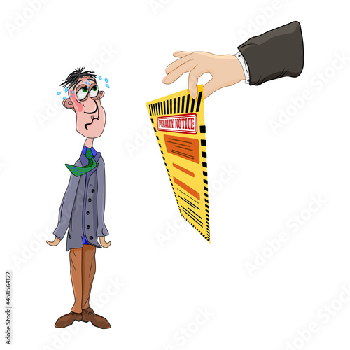 Business manager and hand with penalty notice isolated on white background.Sad man getting punishment notice.Warden hand holding violation ticket. Traffic bill or parking fee.Stock vector illustration