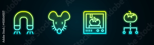Set line Magnet, Experimental mouse, 3D printing technology and Genetically modified food. Glowing neon icon. Vector