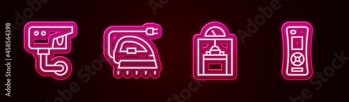 Set line Security camera, Electric iron, Lift and Remote control. Glowing neon icon. Vector