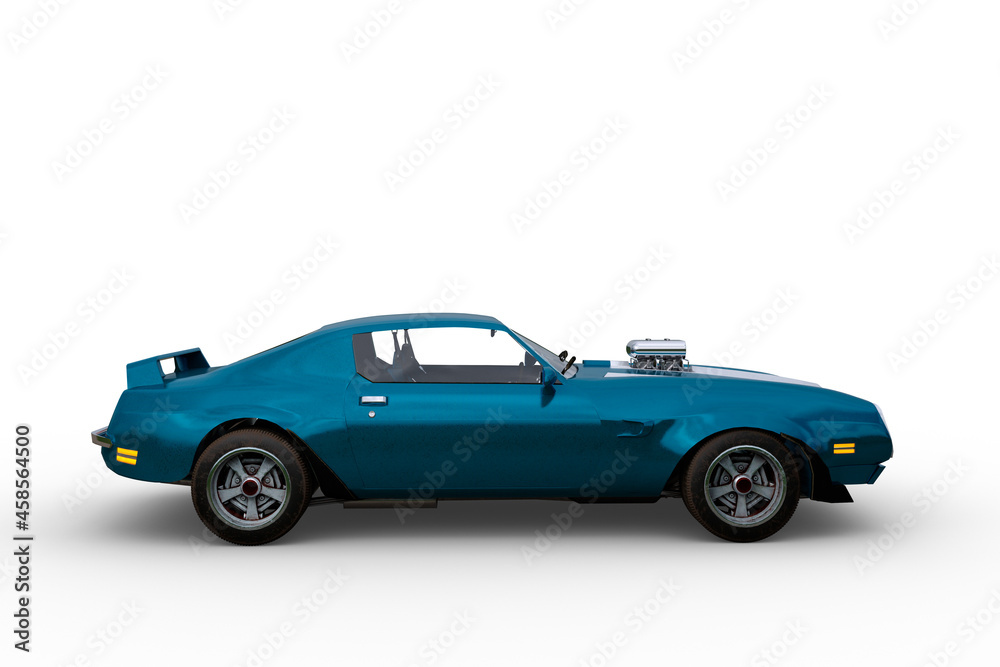 Side view 3D rendering of a blue and white 1970s retro American muscle car isolated on a white background.