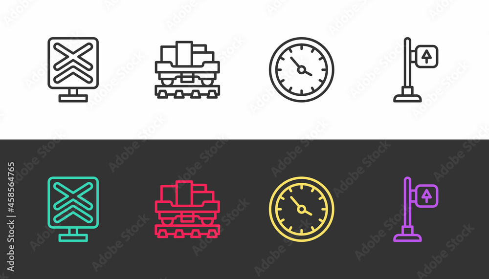 Set line Railroad crossing, Cargo train wagon, Train station clock and Road traffic signpost on black and white. Vector