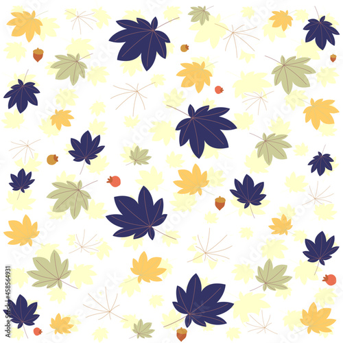 Autumn mapple leaves and acorn pattern in blue yellow grey color