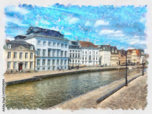 Ghent, Belgium. Panoramic view of the quay in the promenade next to river. Architecture and landmark illustration. Watercolor drawing picture © master_andrii