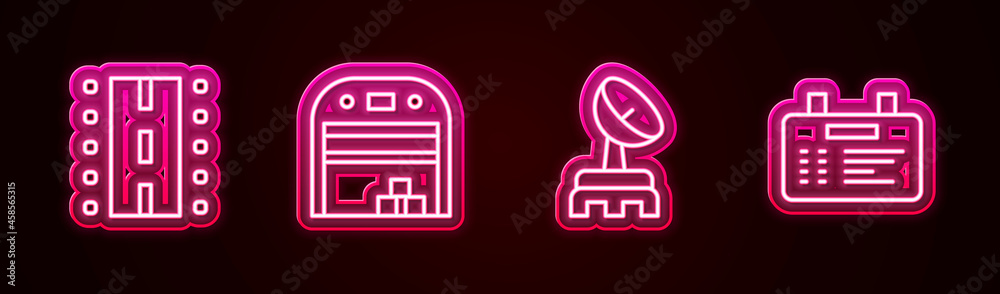 Set line Airport runway, Aircraft hangar, Radar and board. Glowing neon icon. Vector