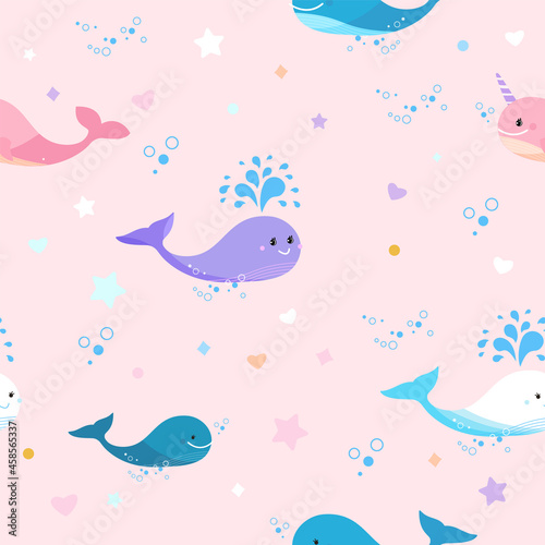 Kids pattern with blue whale and pink narwhal and stars. Cute color whale seamless pattern